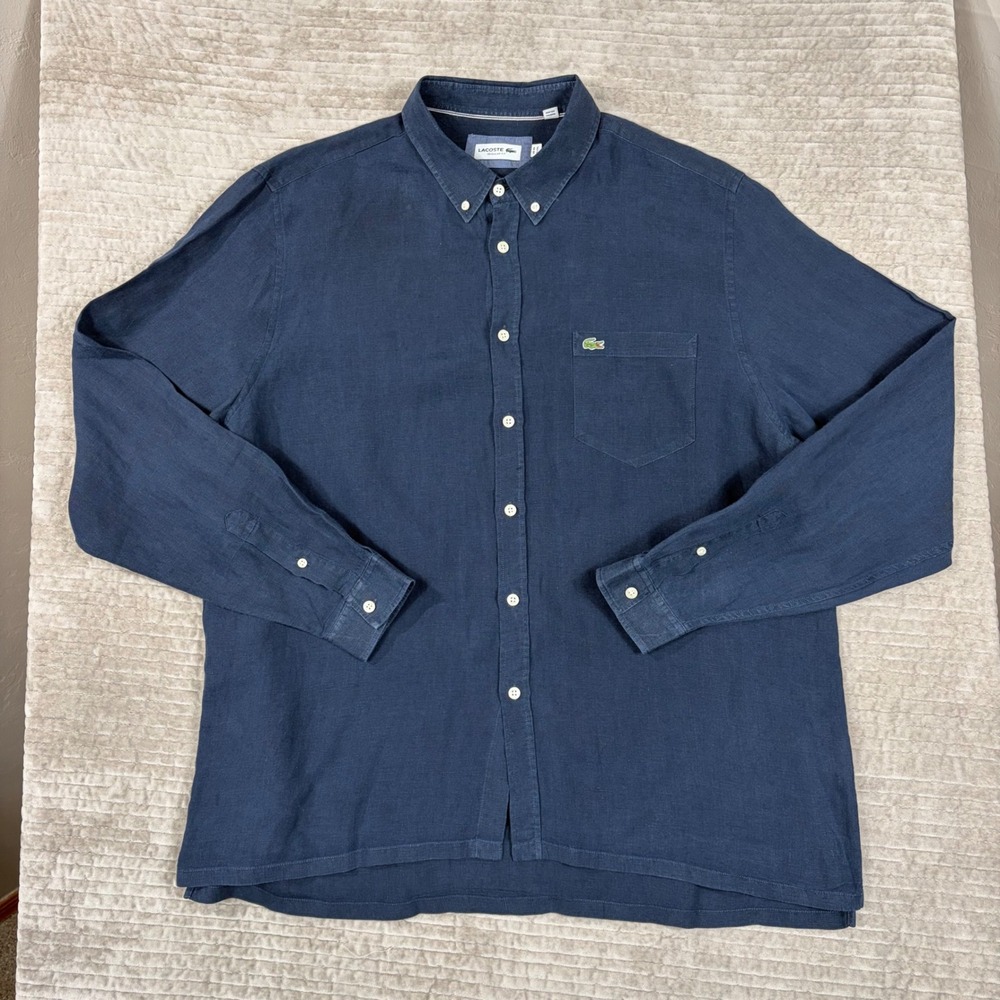Lacoste Mens 2XL Navy Blue 100% Linen Long Sleeve Button Down Shirt Regular Fit